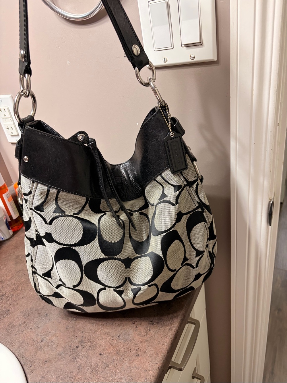 Coach Black and Cream Signature Canvas Y2K Shoulder Bag with long Strap